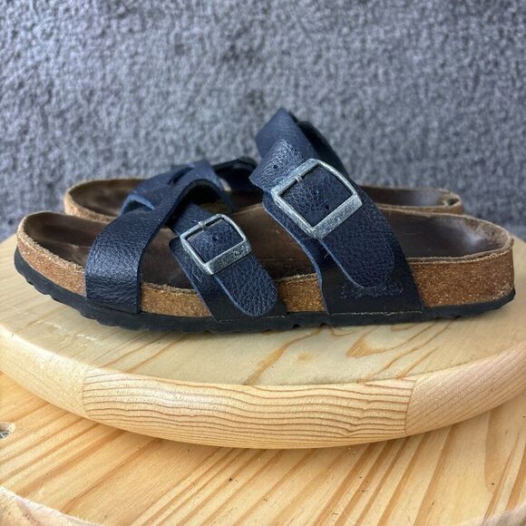 Birkenstock Sandals Three Strap Birkis Womens 7 Blue Slip On Buckle Cork Shoe - Picture 1 of 12